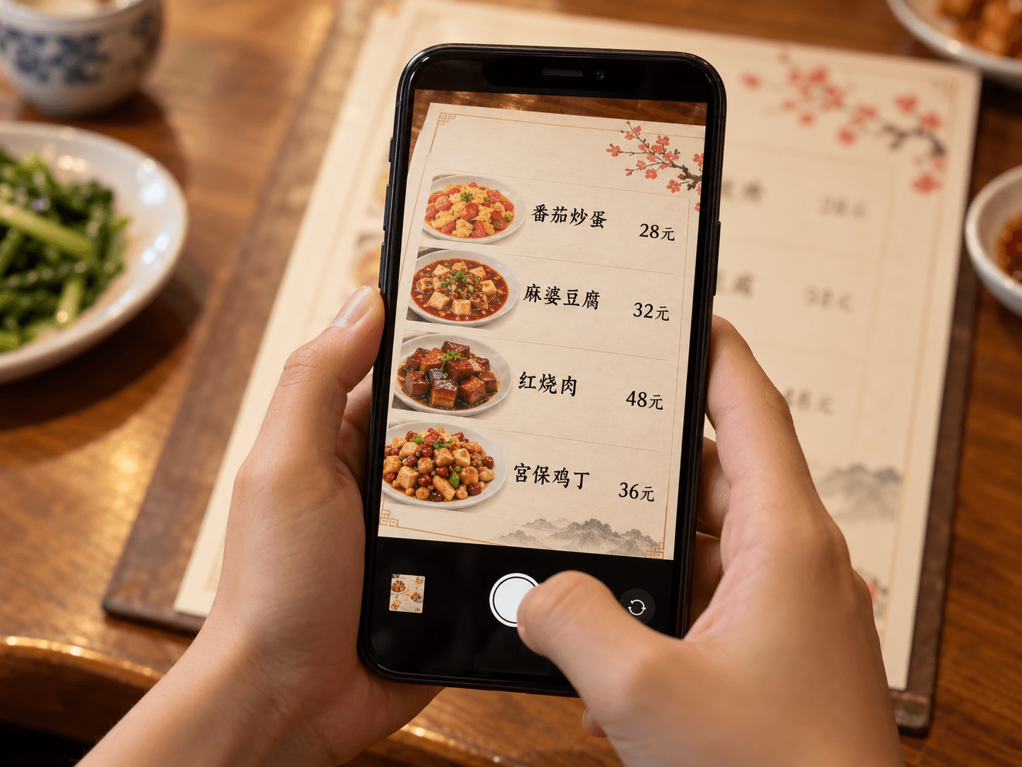 Illustrative photo of a traveler photographing a Chinese menu with a phone